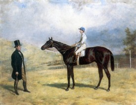 harry hall gentleman by his racehorse with jockey up 1863a